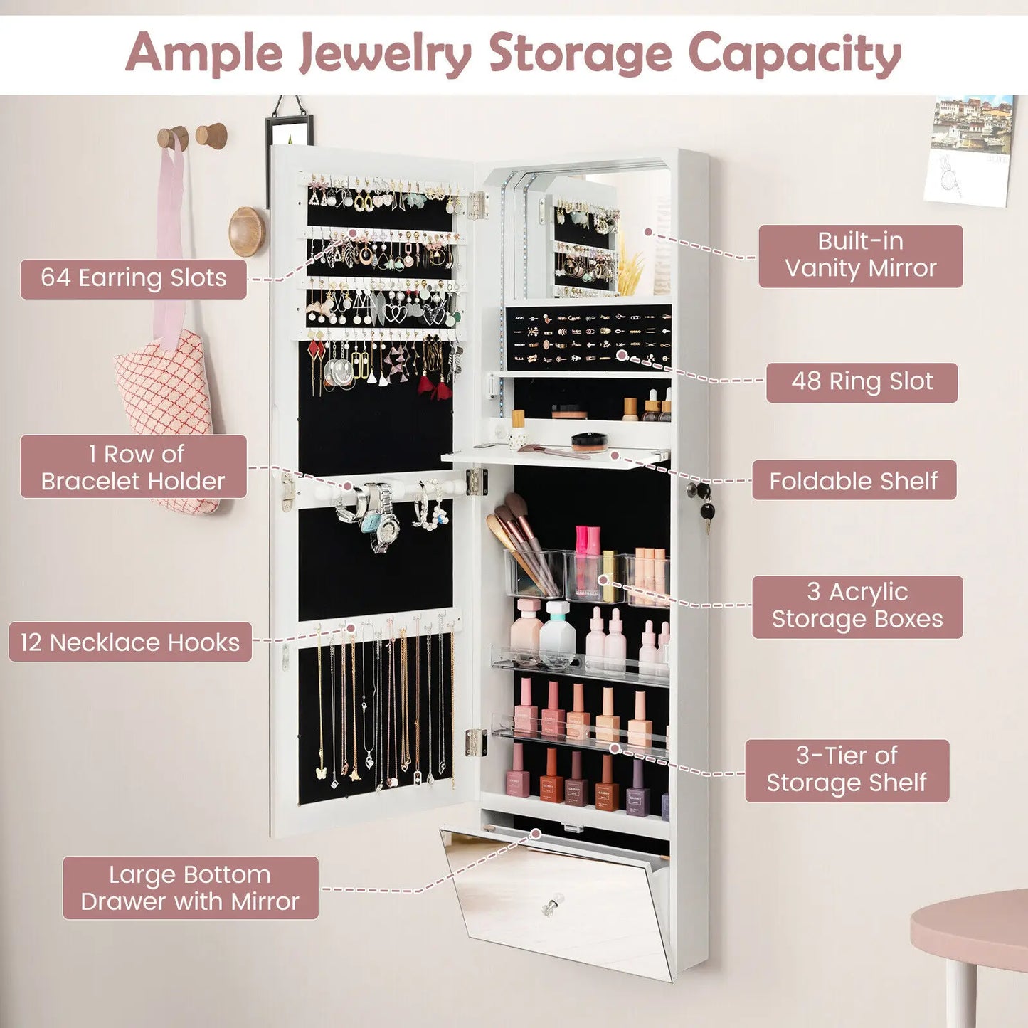 GOFLAME 120cm LED Jewelry Mirror Cabinet Wall Mounted Jewelry Armoire Organizer