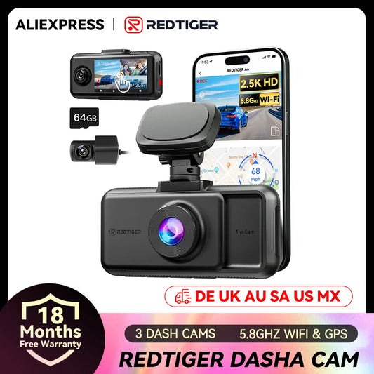 REDTIGER A6  4K Dash Cam Built-in 5.8Ghz WiFi GPS Car DVR Upgrade Night Vision Parking Monitor 3 Cameras Front/Cabin/Rear Cam