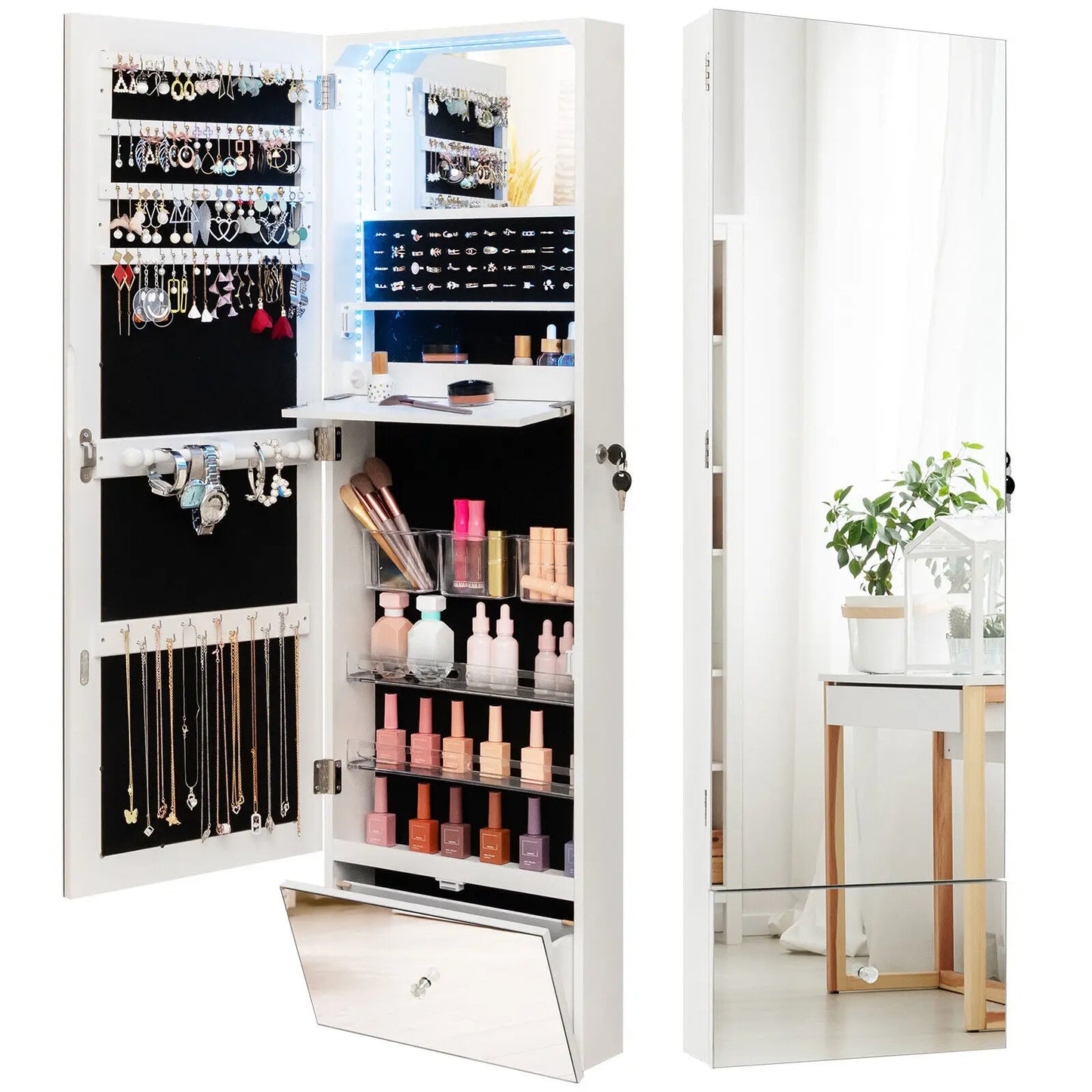 GOFLAME 120cm LED Jewelry Mirror Cabinet Wall Mounted Jewelry Armoire Organizer