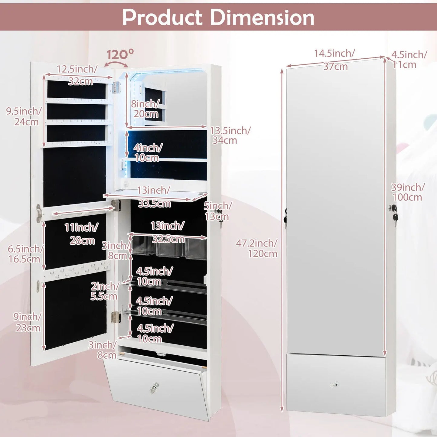 GOFLAME 120cm LED Jewelry Mirror Cabinet Wall Mounted Jewelry Armoire Organizer